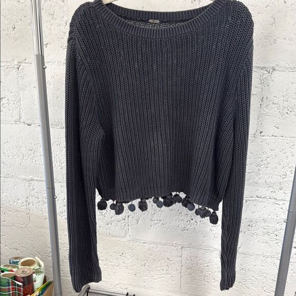 Cozy Black Sweater with Pom-Pom Hem - Chan Lou - Size Small - LIKE NEW - Picture 1 of 4